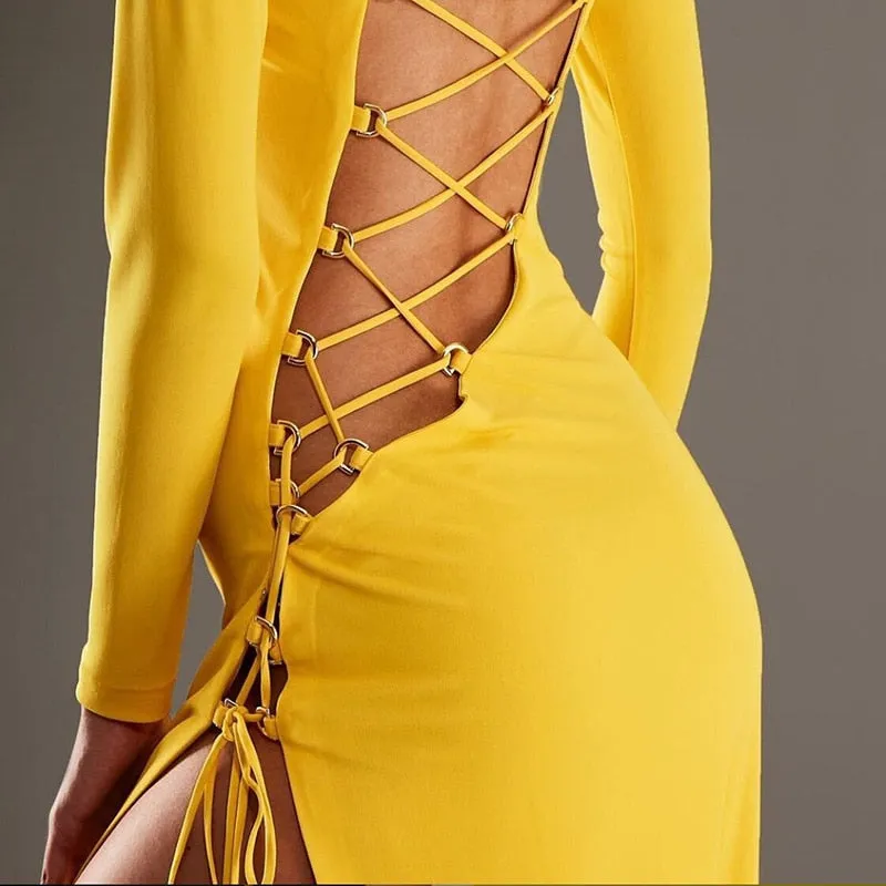 Fashion Bandage Long Sleeve Sexy Backless Maxi Elegant Club Party Split Dresses