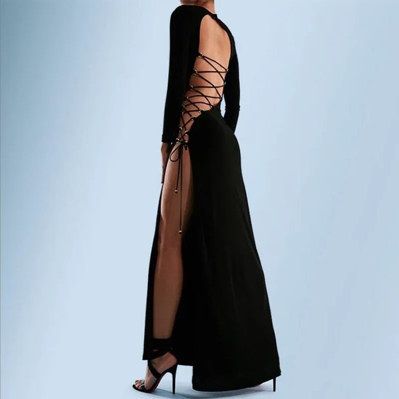 Fashion Bandage Long Sleeve Sexy Backless Maxi Elegant Club Party Split Dresses