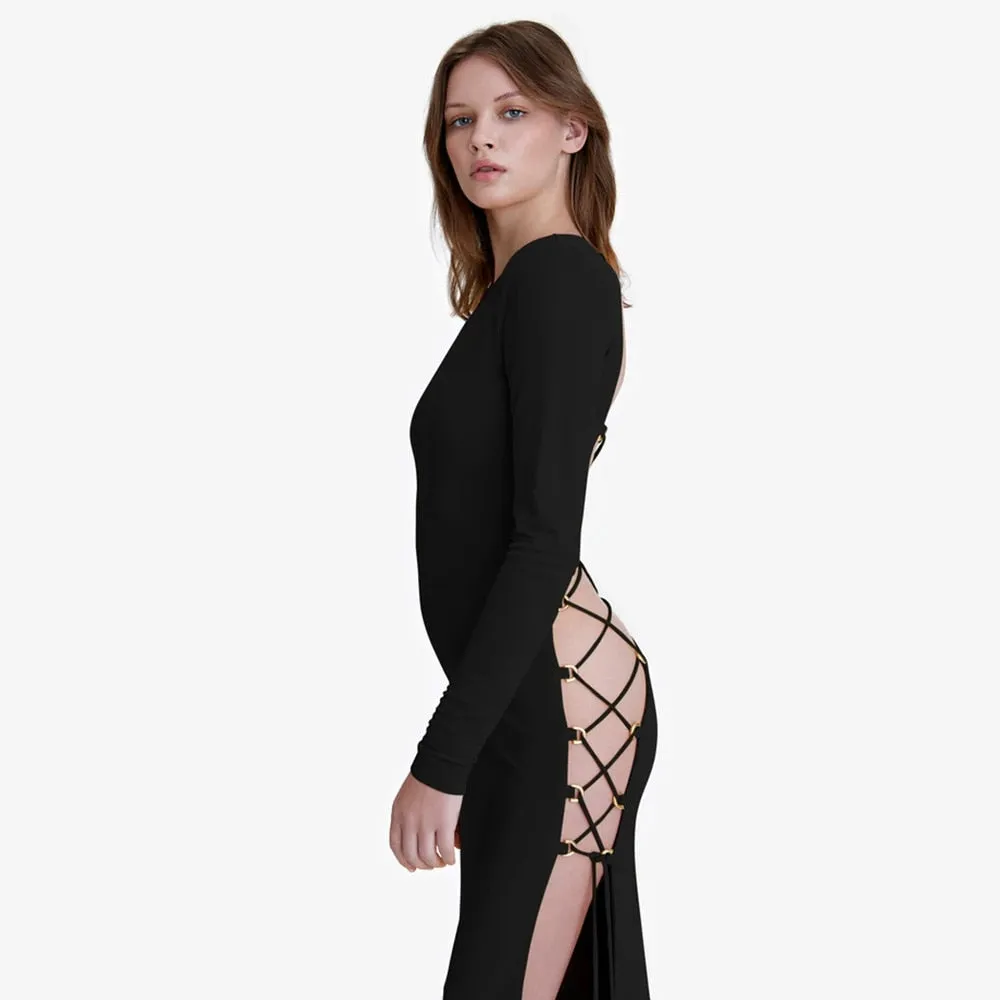 Fashion Bandage Long Sleeve Sexy Backless Maxi Elegant Club Party Split Dresses