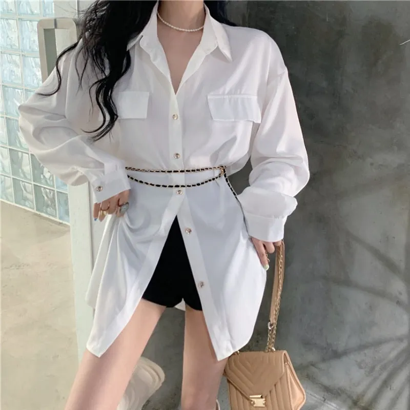 Fashion Chain Women Shirt Designed Spring Long Sleeve White Tunic Office Ladies Shirts High Waist Satin elegant tops