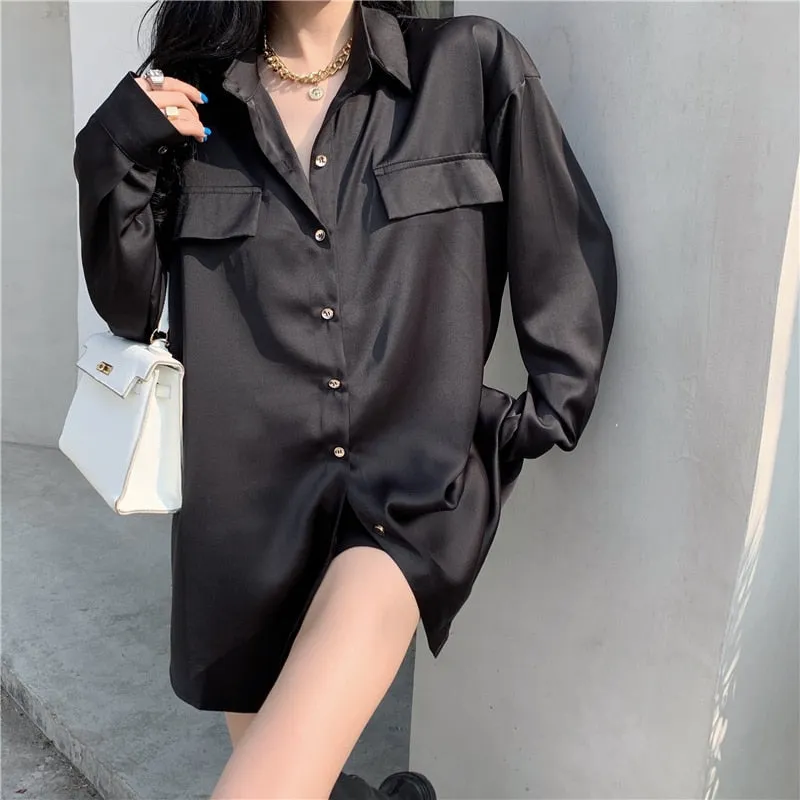 Fashion Chain Women Shirt Designed Spring Long Sleeve White Tunic Office Ladies Shirts High Waist Satin elegant tops