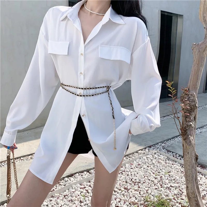 Fashion Chain Women Shirt Designed Spring Long Sleeve White Tunic Office Ladies Shirts High Waist Satin elegant tops