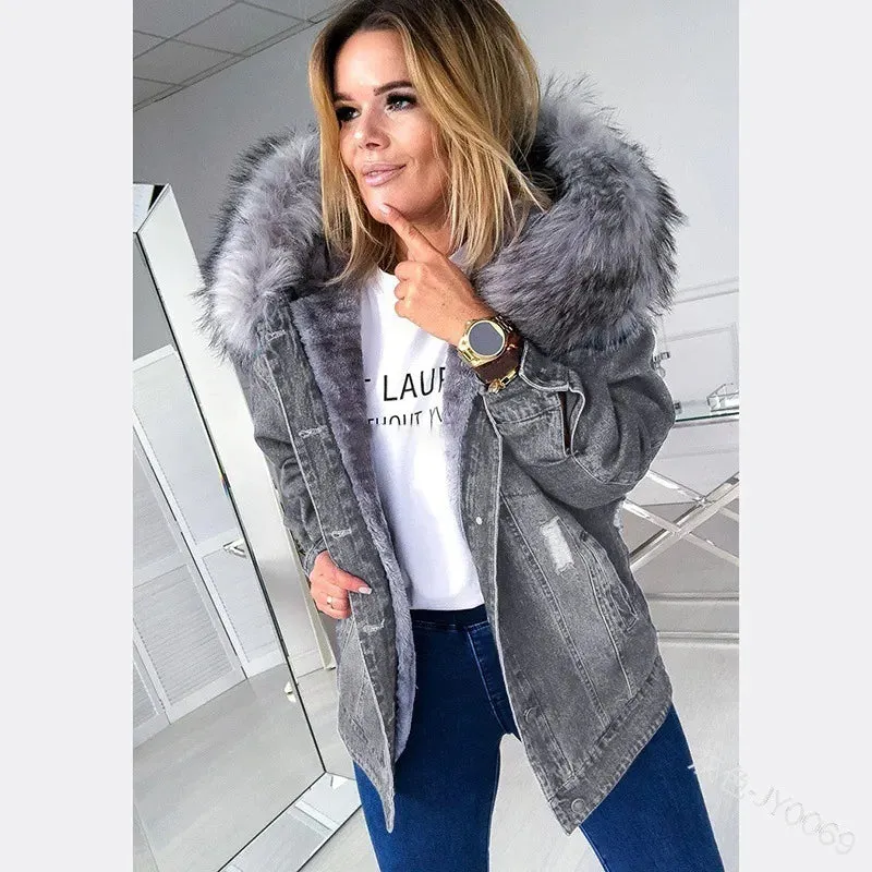 Fashion Hooded Big Fur Collar Denim Jacket Women