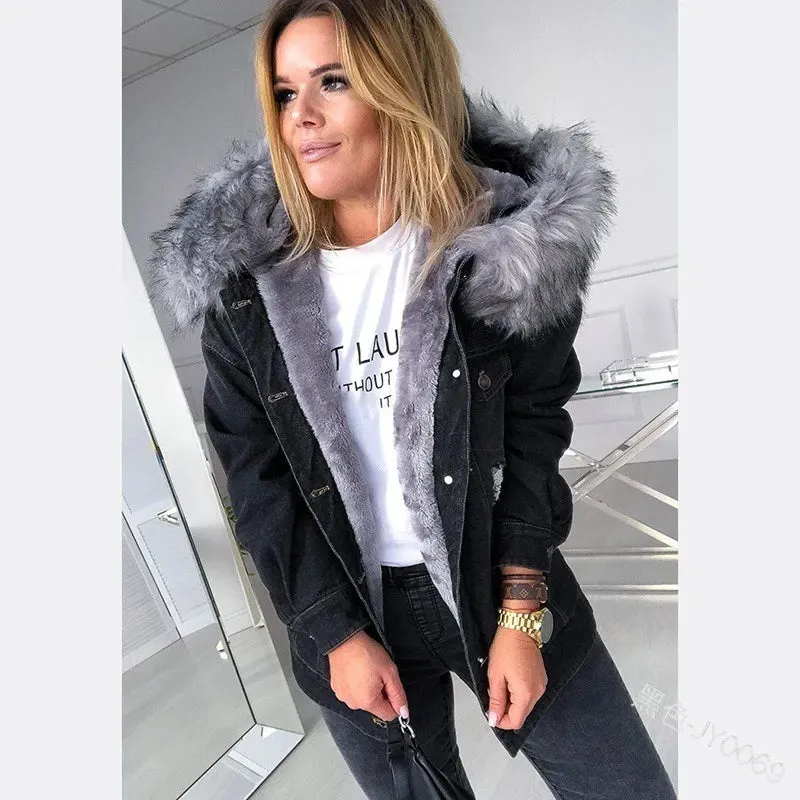 Fashion Hooded Big Fur Collar Denim Jacket Women