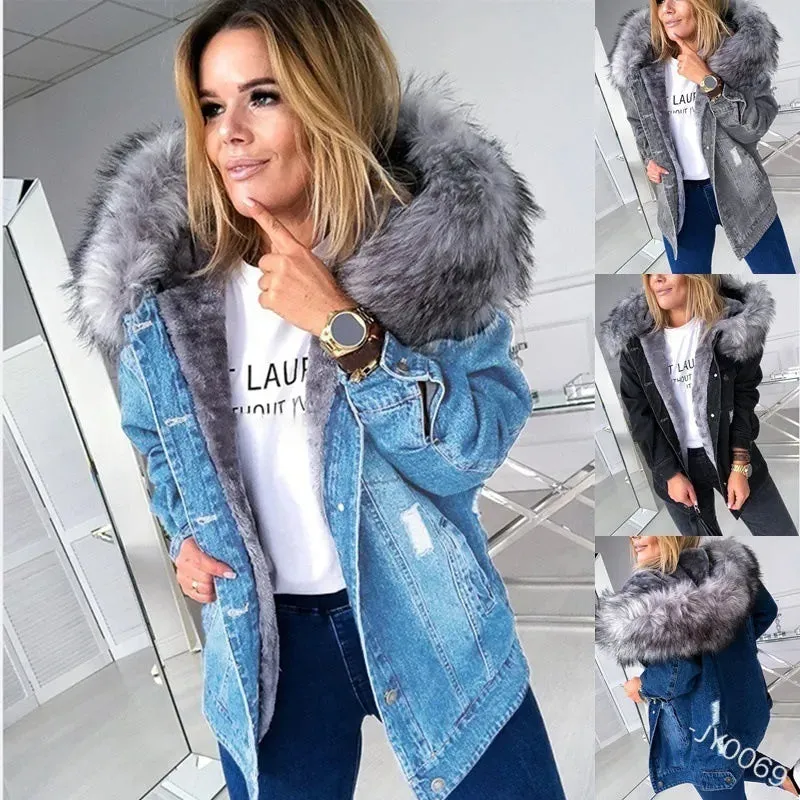 Fashion Hooded Big Fur Collar Denim Jacket Women