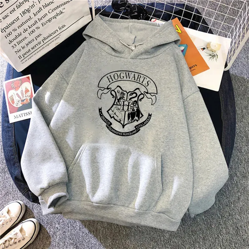 Fashion y2k Hogwarts Printed Hoodies Women Sweatshirt Autumn Winter Long Sleeves Plus Velvet Casual Loose Fleece Tops Oversized