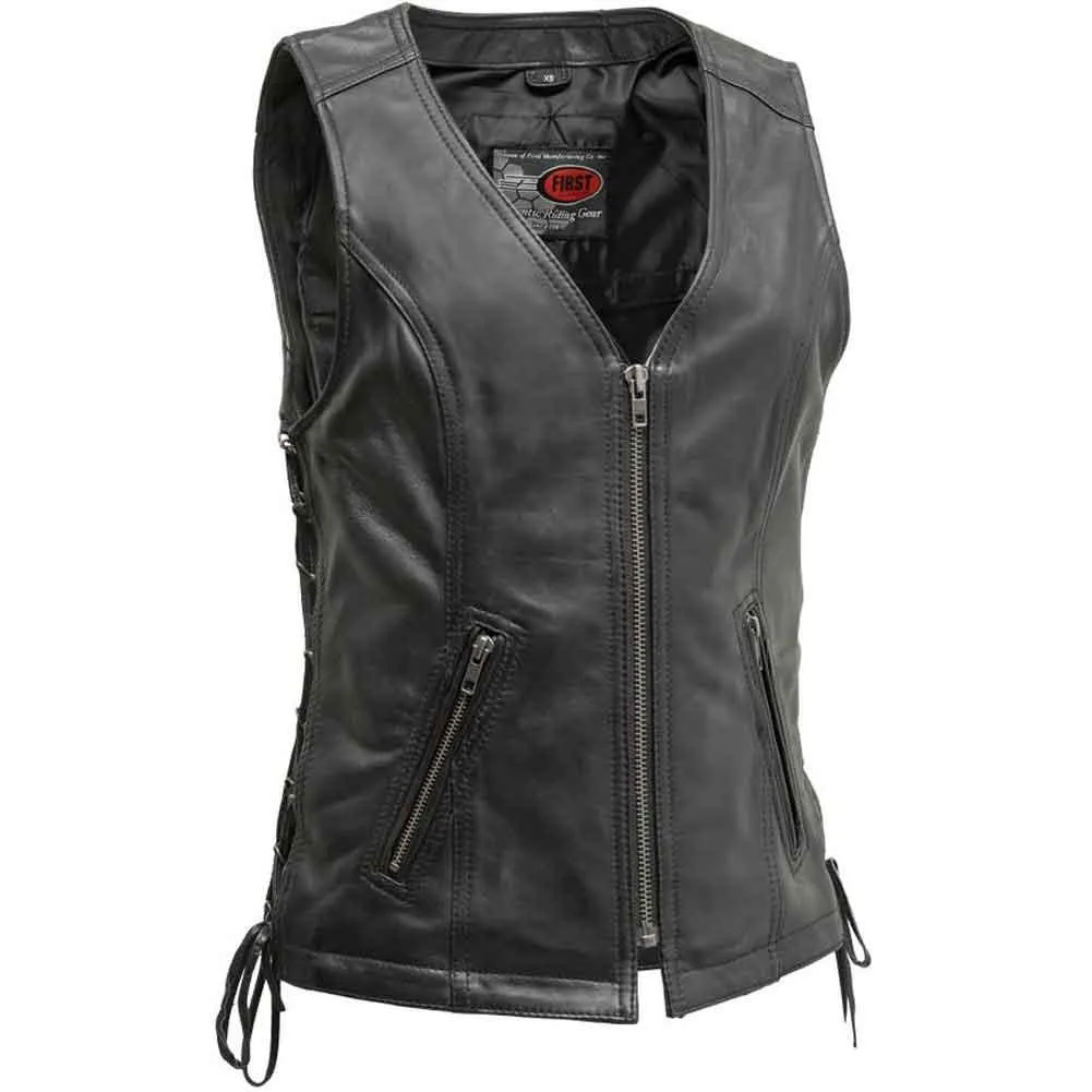 First Mfg Womens Cindy Zip Front Leather Motorcycle Vest Size 2XLARGE - Final Sale Ships Same Day