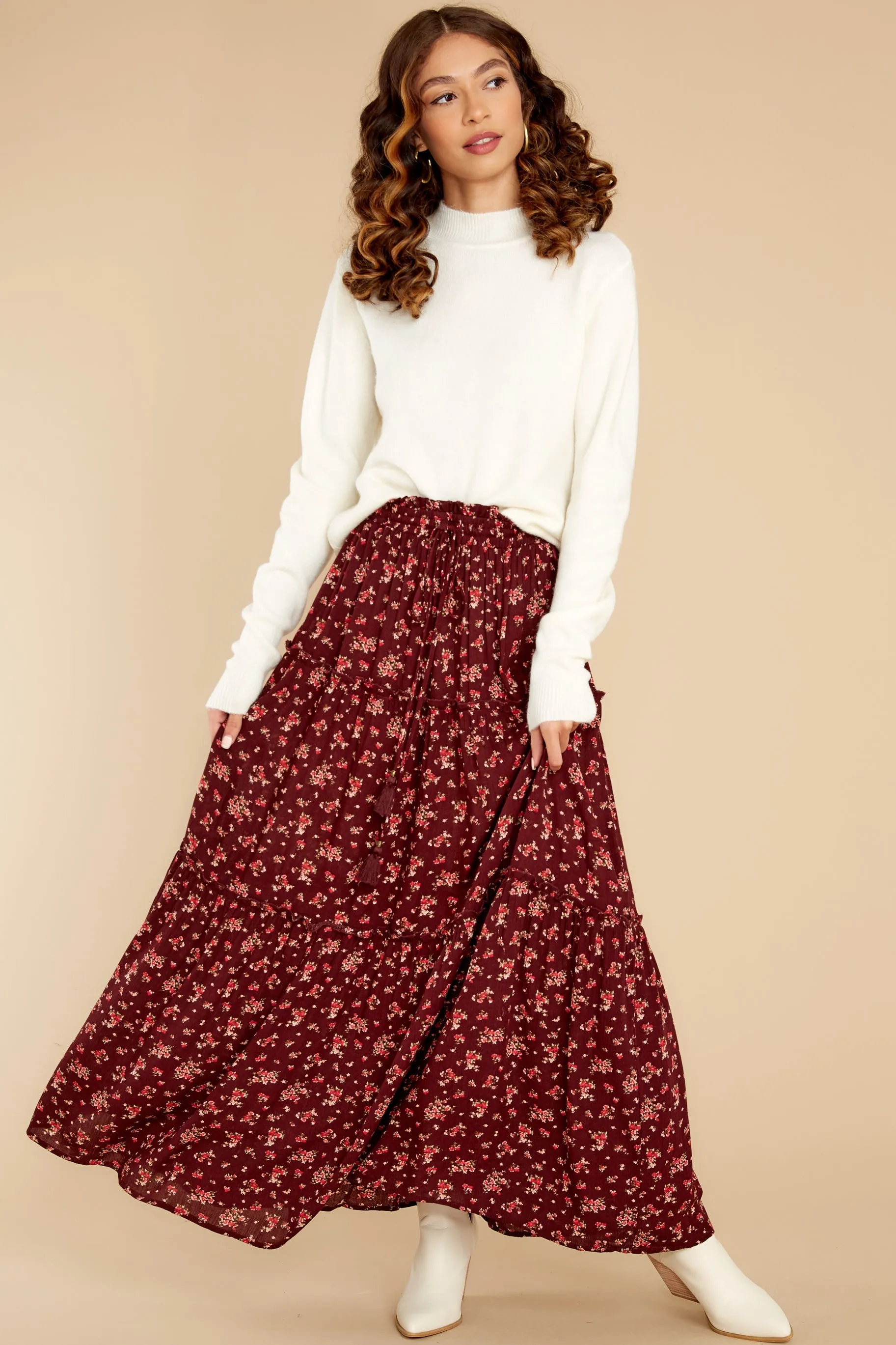 Flirty In The Fall Burgundy Floral Print Maxi Skirt