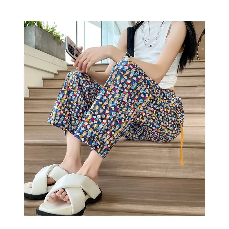 Floral Print Straight High-Waisted Casual Cropped Loose-Fit Slimming Thin Pants