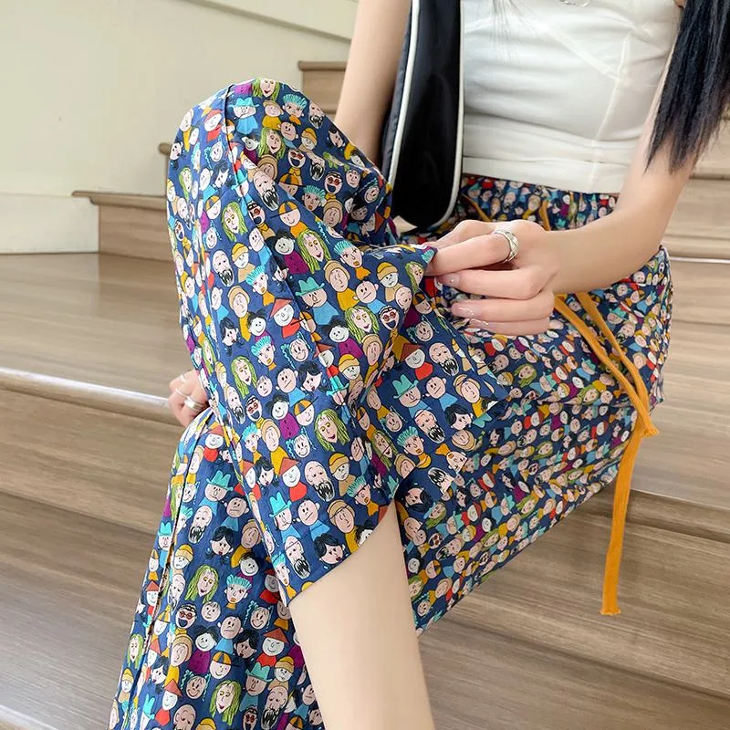 Floral Print Straight High-Waisted Casual Cropped Loose-Fit Slimming Thin Pants