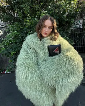 Flytonn-Green Thicken Warm Furry Women Jacket Casual Faux Long Sleeve Lady Short Jackets 2024 Autumn Winter Fashion Street Female Coat