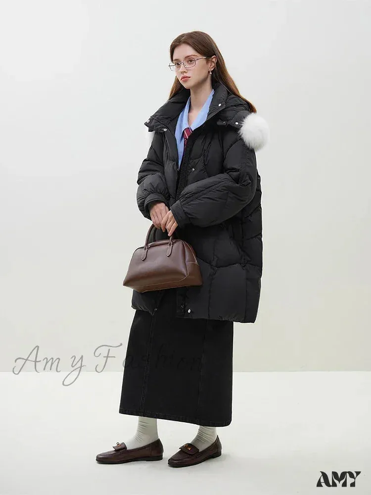 Fox Fur Detachable Hooded Mid-Length Black Gentle White Female Long Coat