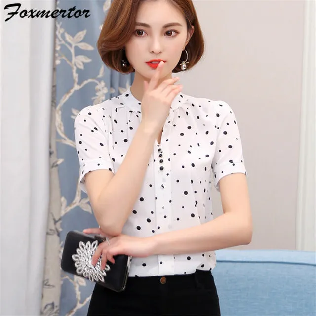 Foxmertor Chiffon Lady Office Blouses Shirt 2017 V-Neck Print Women Shirt Tunic Short Sleeve Blusas Feminina Elegant Tops #F113