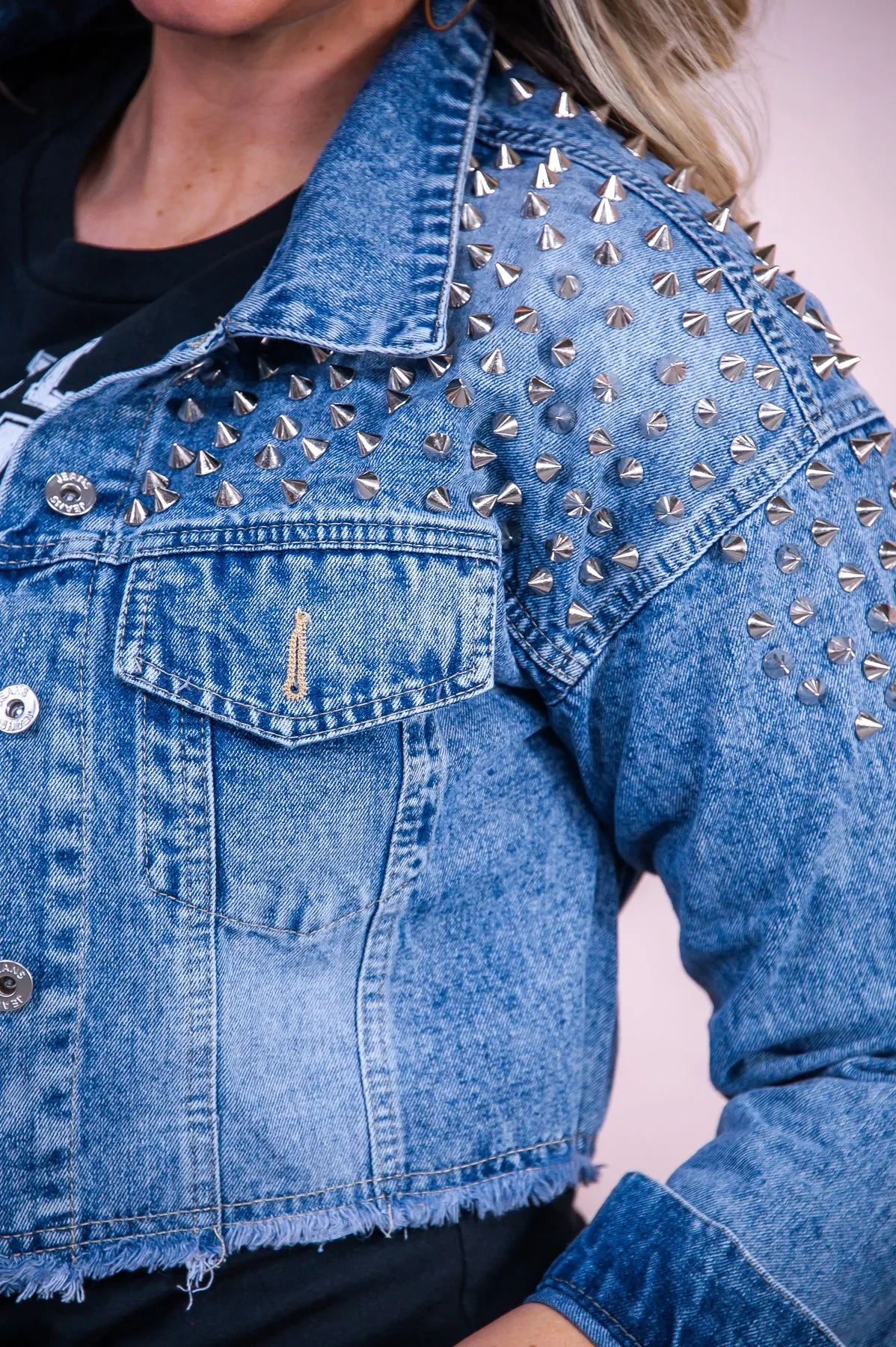 Girls Trip Medium Denim Studded Cropped Jacket - O5460MDN