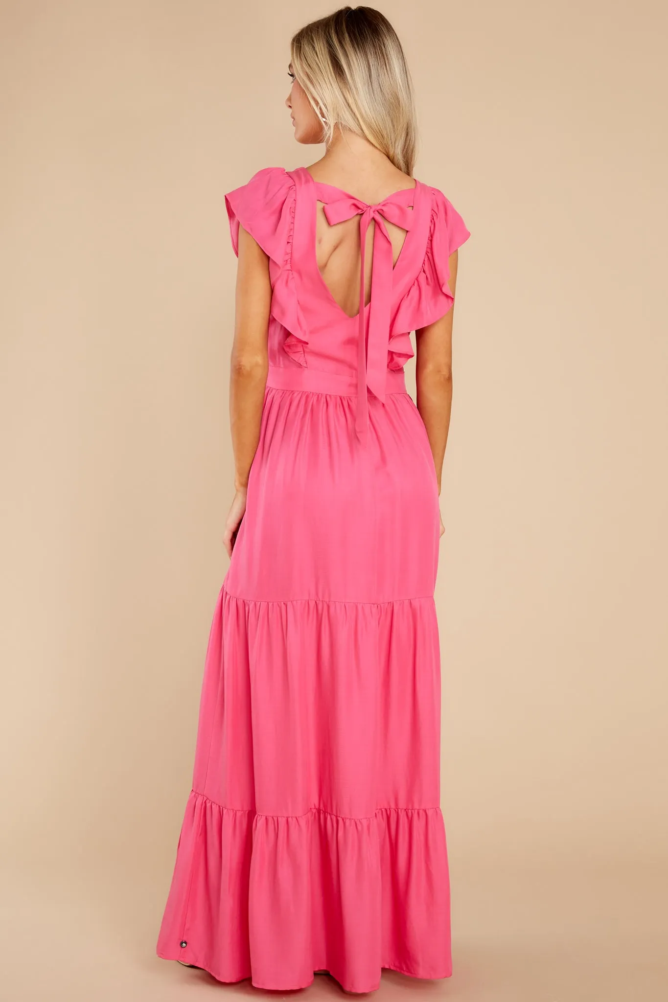 Gleaming Goddess Paradise Pink V-Neck Open Back Maxi Dress