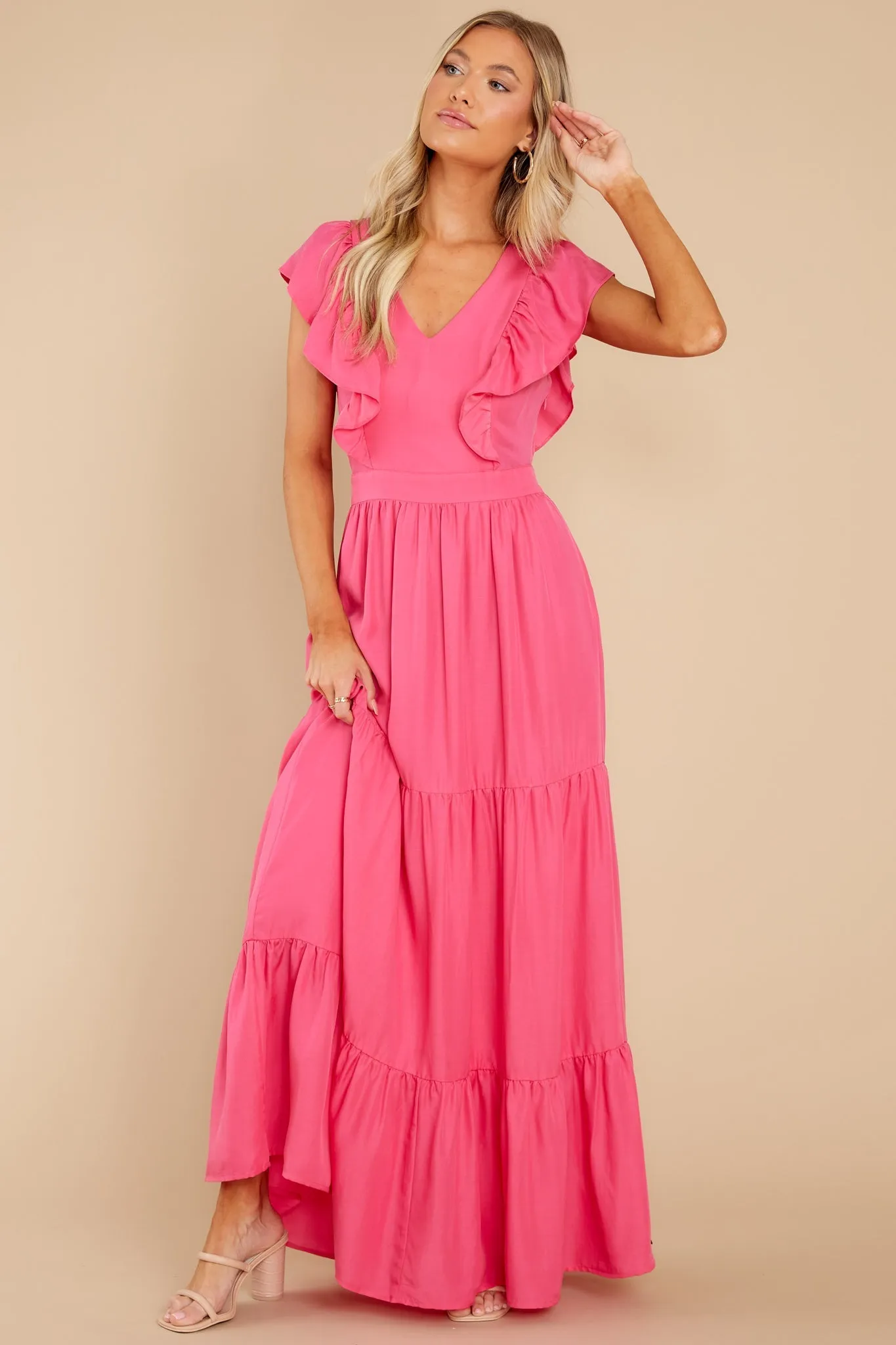 Gleaming Goddess Paradise Pink V-Neck Open Back Maxi Dress