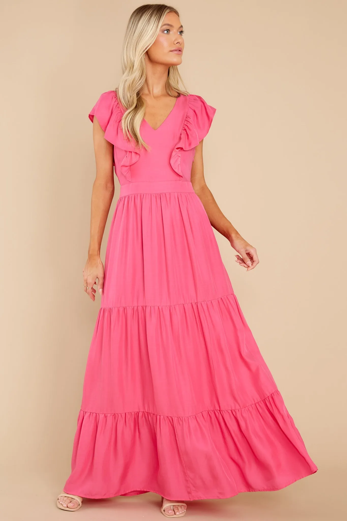 Gleaming Goddess Paradise Pink V-Neck Open Back Maxi Dress