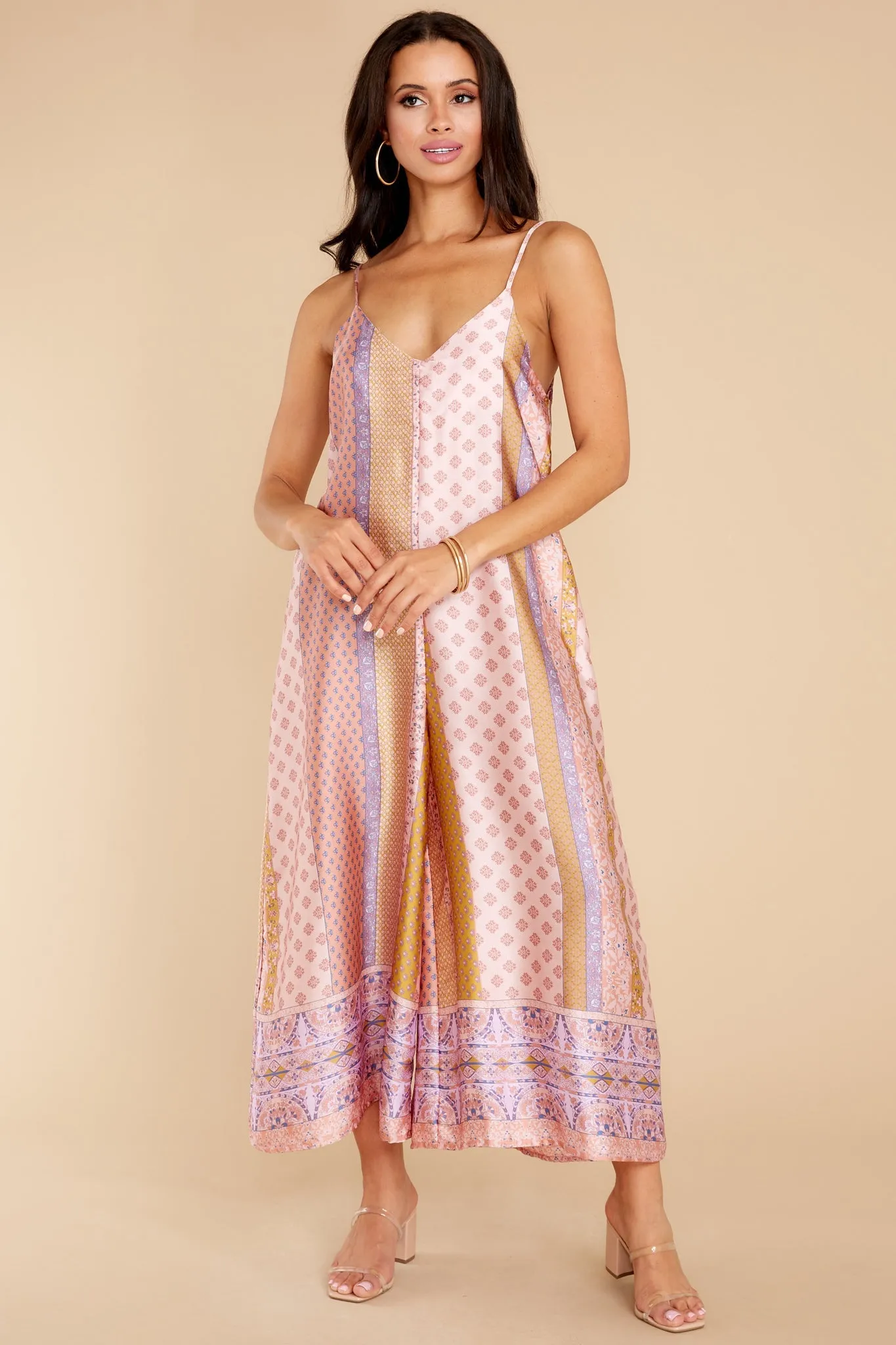 Going Abroad Light Pink Multi Print Jumpsuit