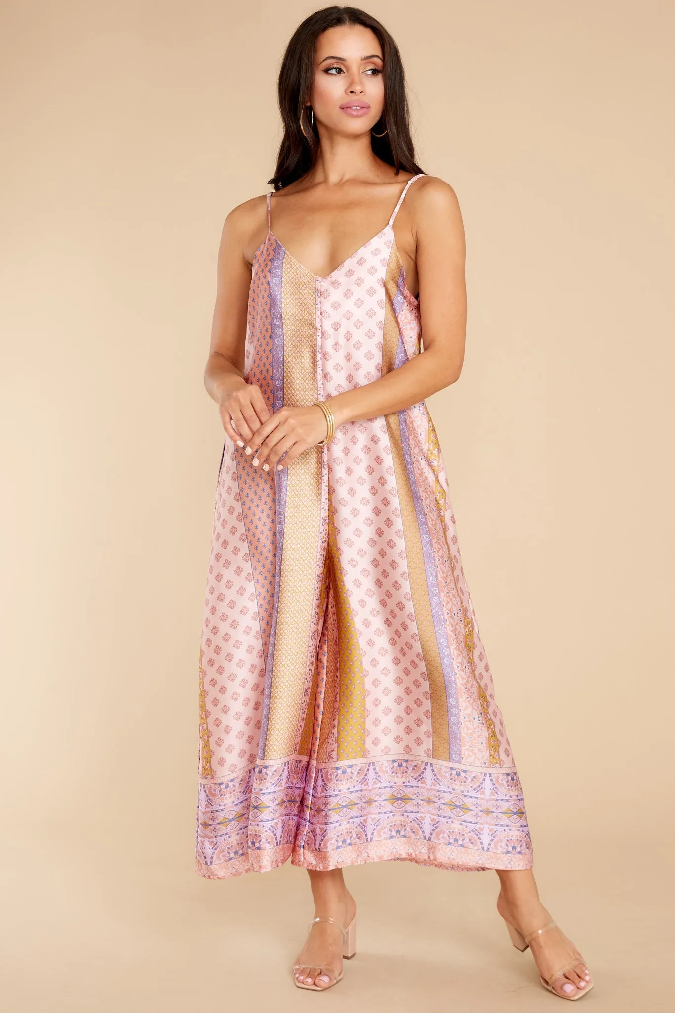 Going Abroad Light Pink Multi Print Jumpsuit