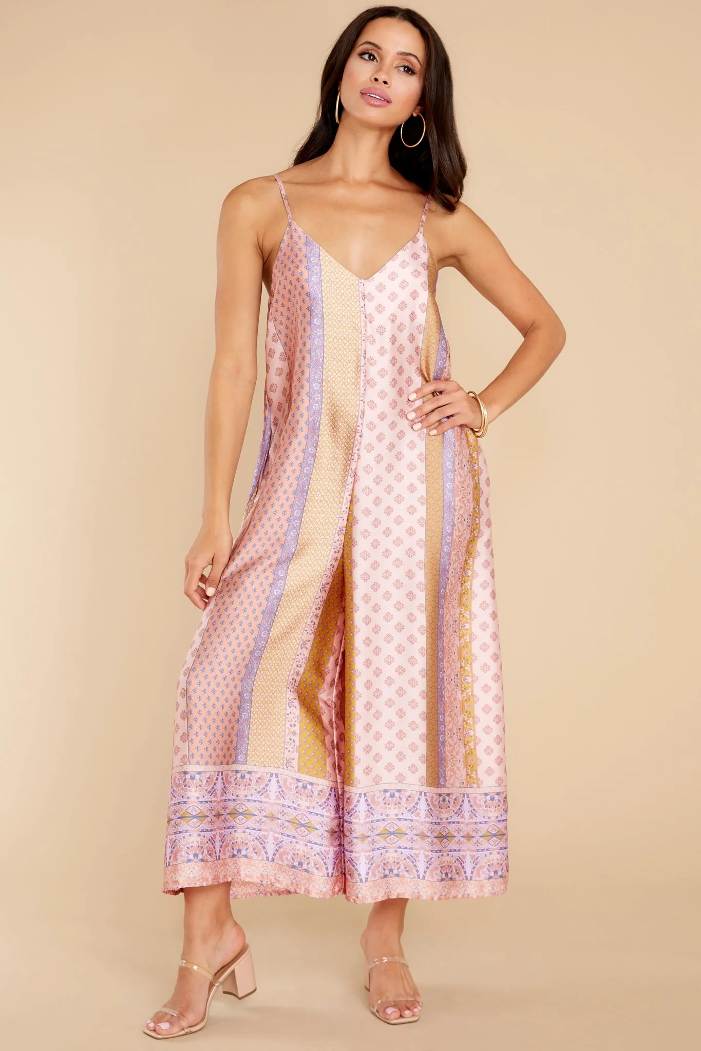 Going Abroad Light Pink Multi Print Jumpsuit