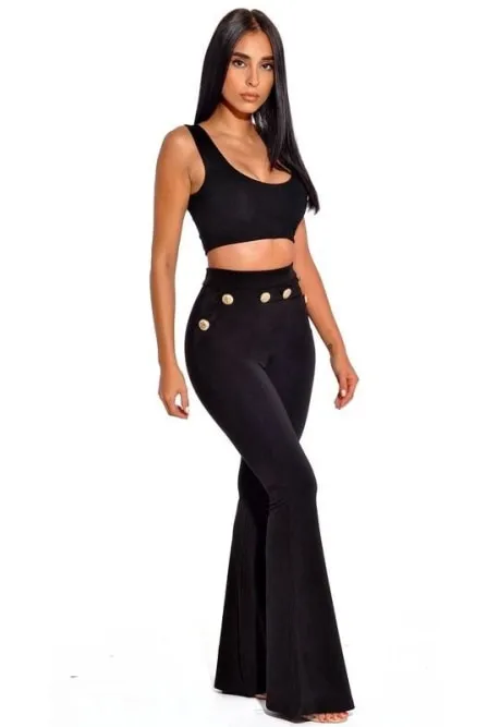 Gold Button High Waist Black Flared Pants