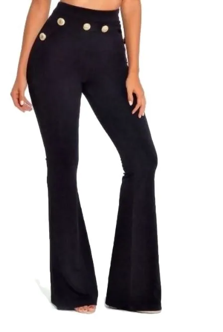 Gold Button High Waist Black Flared Pants