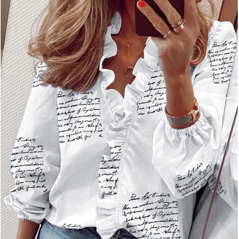 Graduation Gifts   Elegant Ruffle Women Shirt Blouses Casual V Neck Long Sleeve Loose Female Tops Tunic White Shirt For Women Fashion Blusas 18246