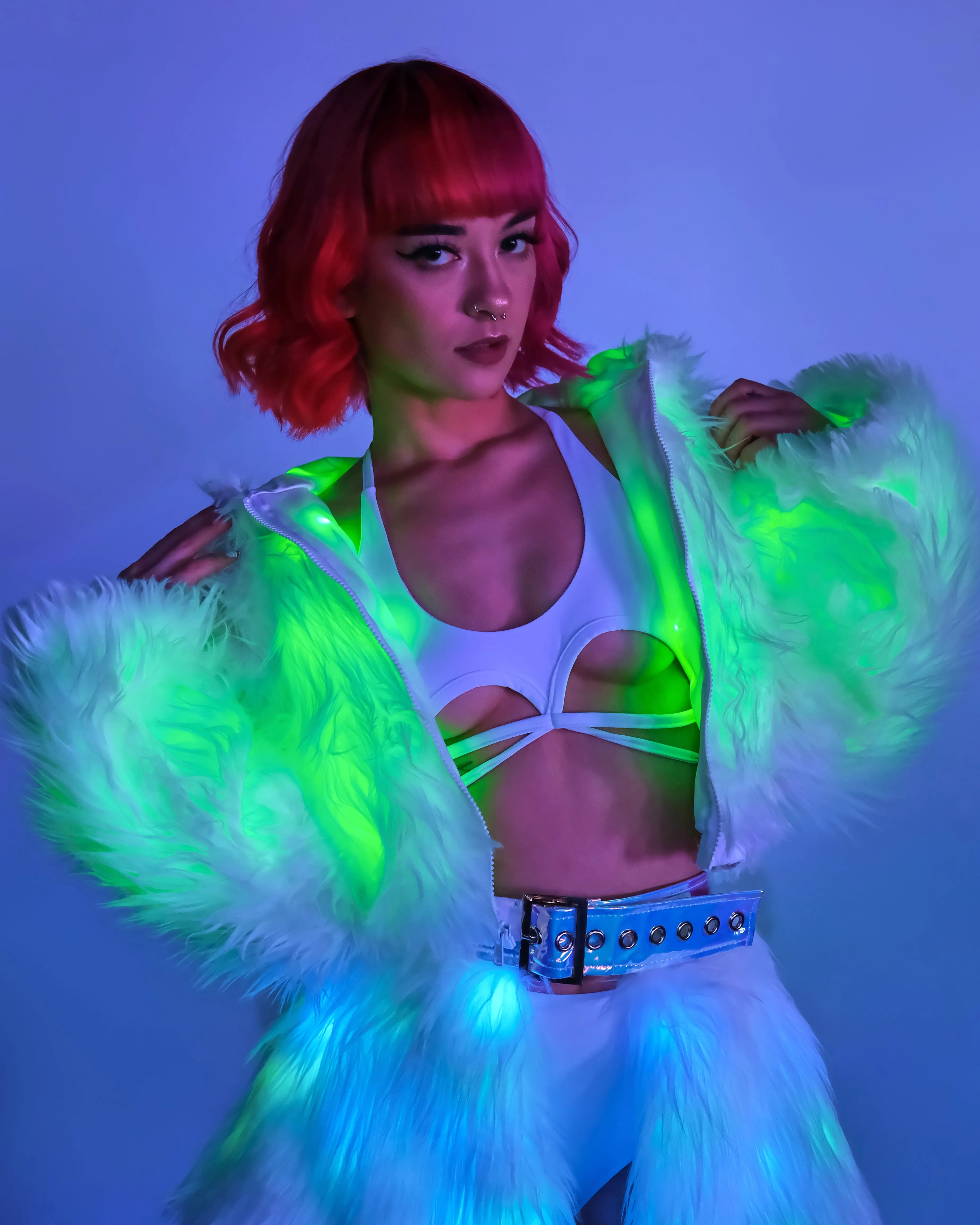 Green LED White Furry Cropped Hooded Jacket