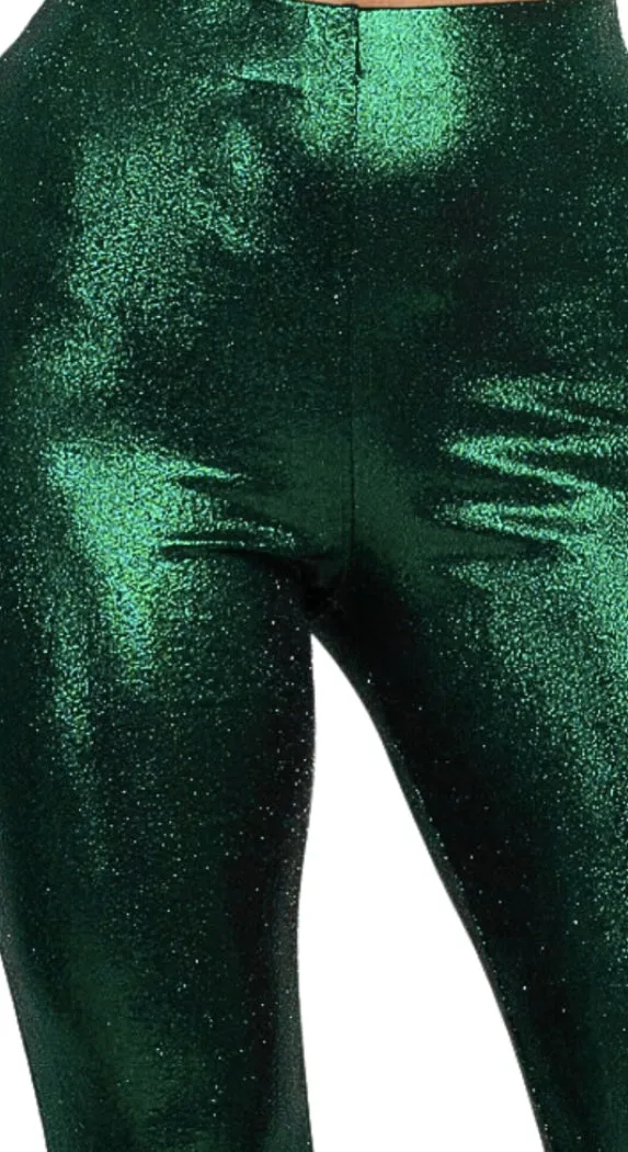 Green Metallic Bell Bottoms Glitter Flare Pants