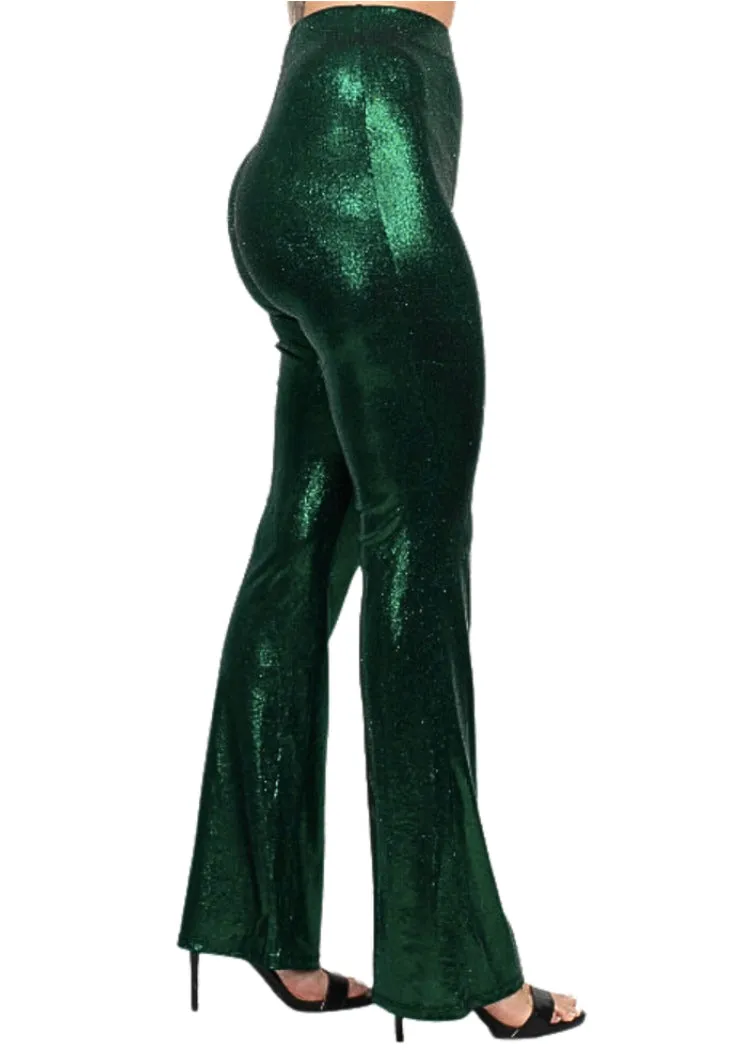 Green Metallic Bell Bottoms Glitter Flare Pants