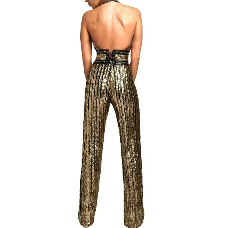 Halter Neck Gold Sequin Striped Jumpsuit