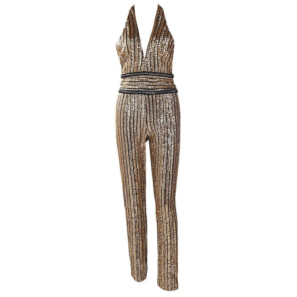 Halter Neck Gold Sequin Striped Jumpsuit