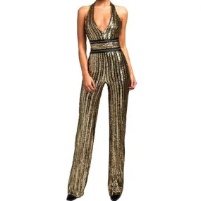 Halter Neck Gold Sequin Striped Jumpsuit