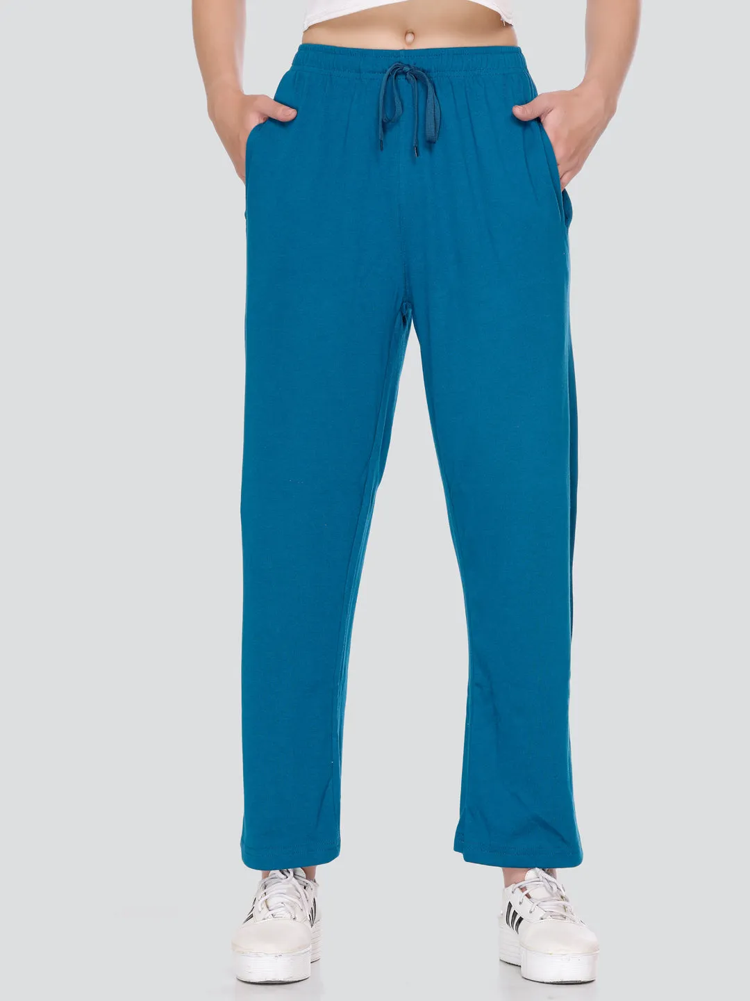 High Rise Cotton Straight Teal Blue Trackpants