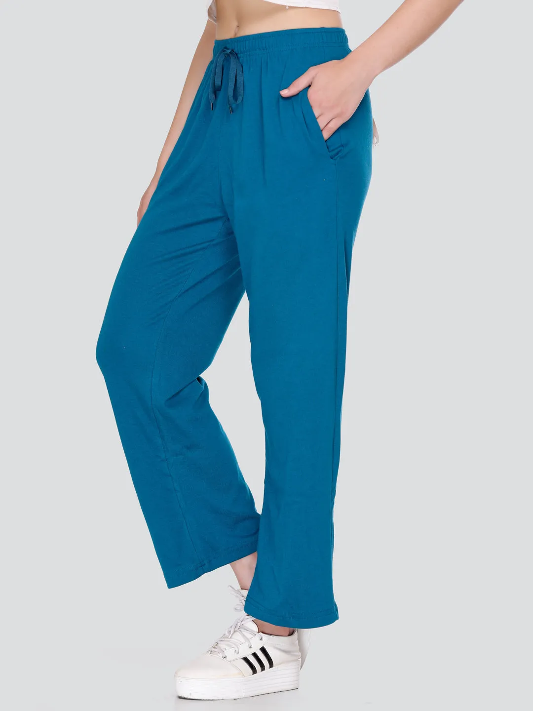 High Rise Cotton Straight Teal Blue Trackpants