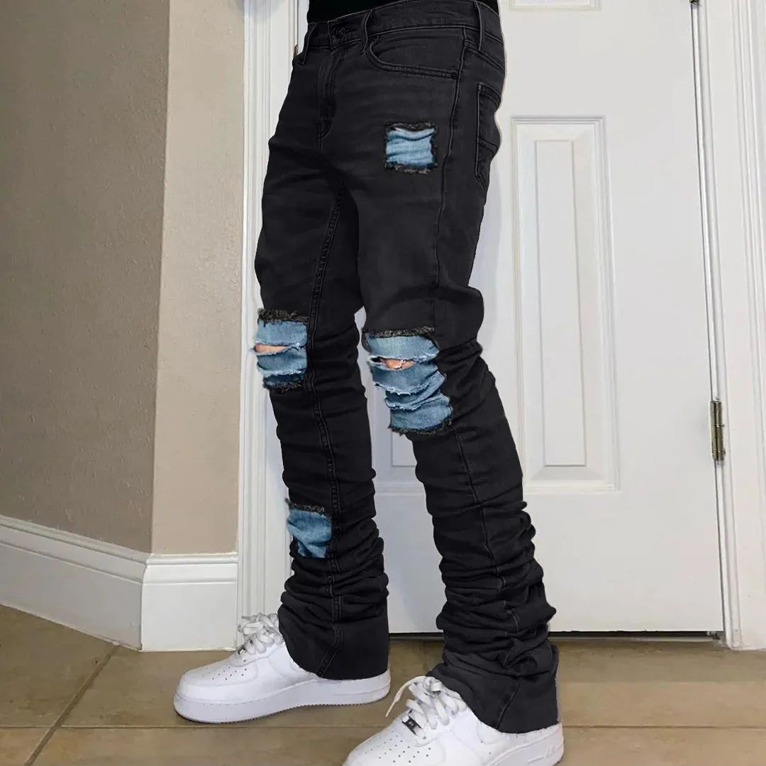 Hip-hop ripped patch trendy slim-fit jeans