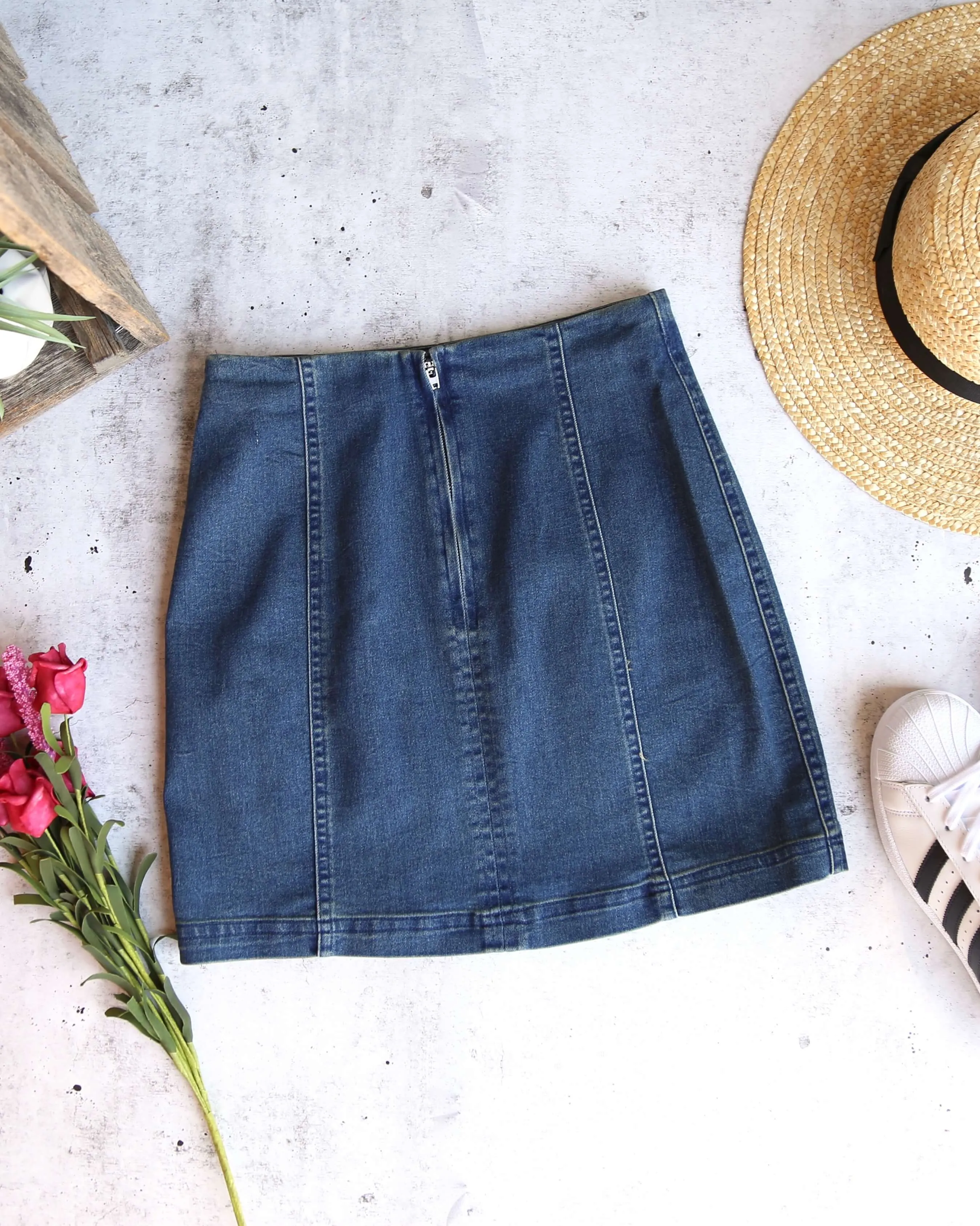 Honey Belle - High Waisted Denim Skirt with Back Zipper in Denim