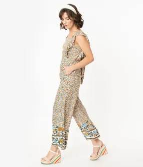 Ivory Floral Print Apron Jumpsuit