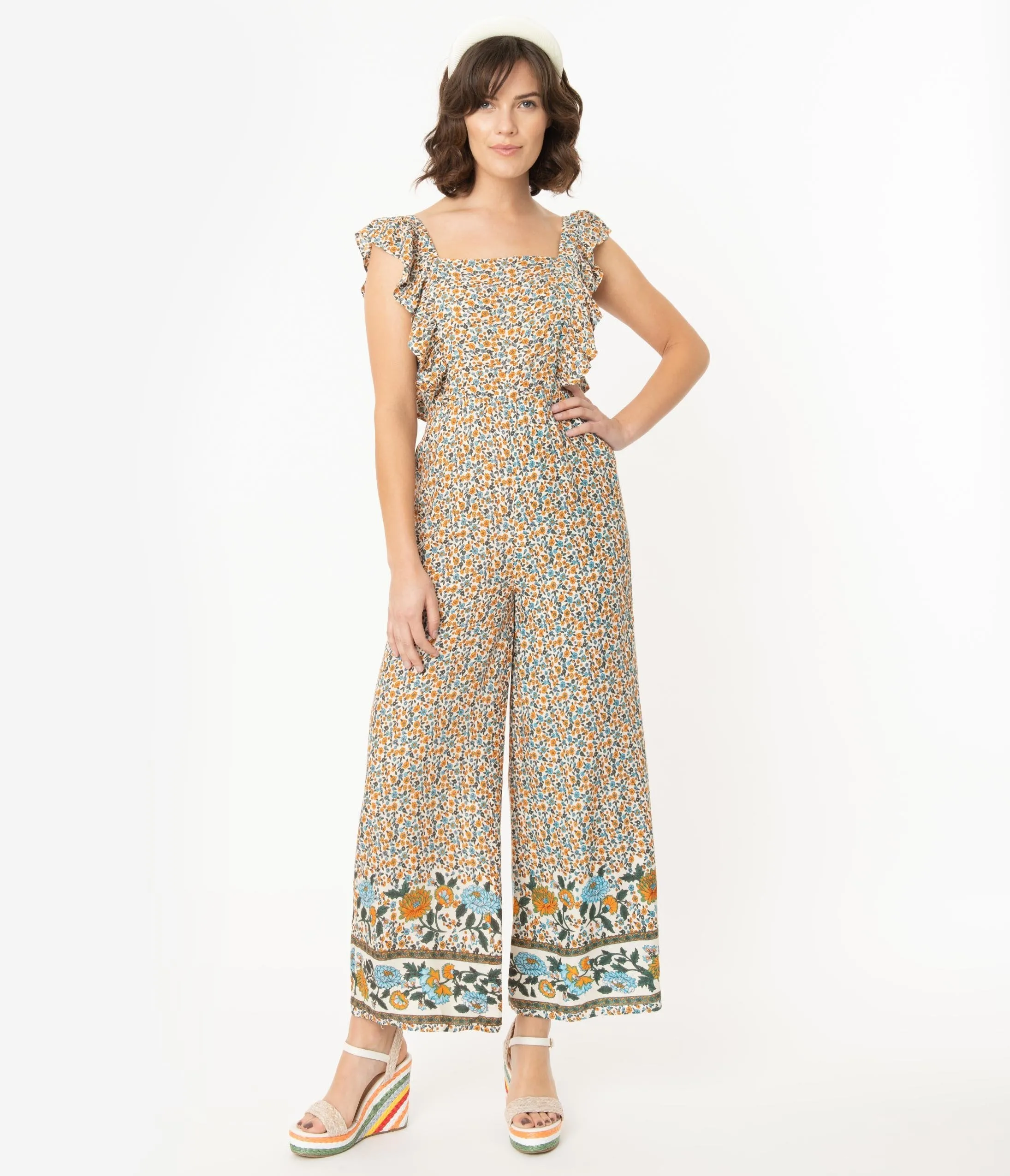 Ivory Floral Print Apron Jumpsuit