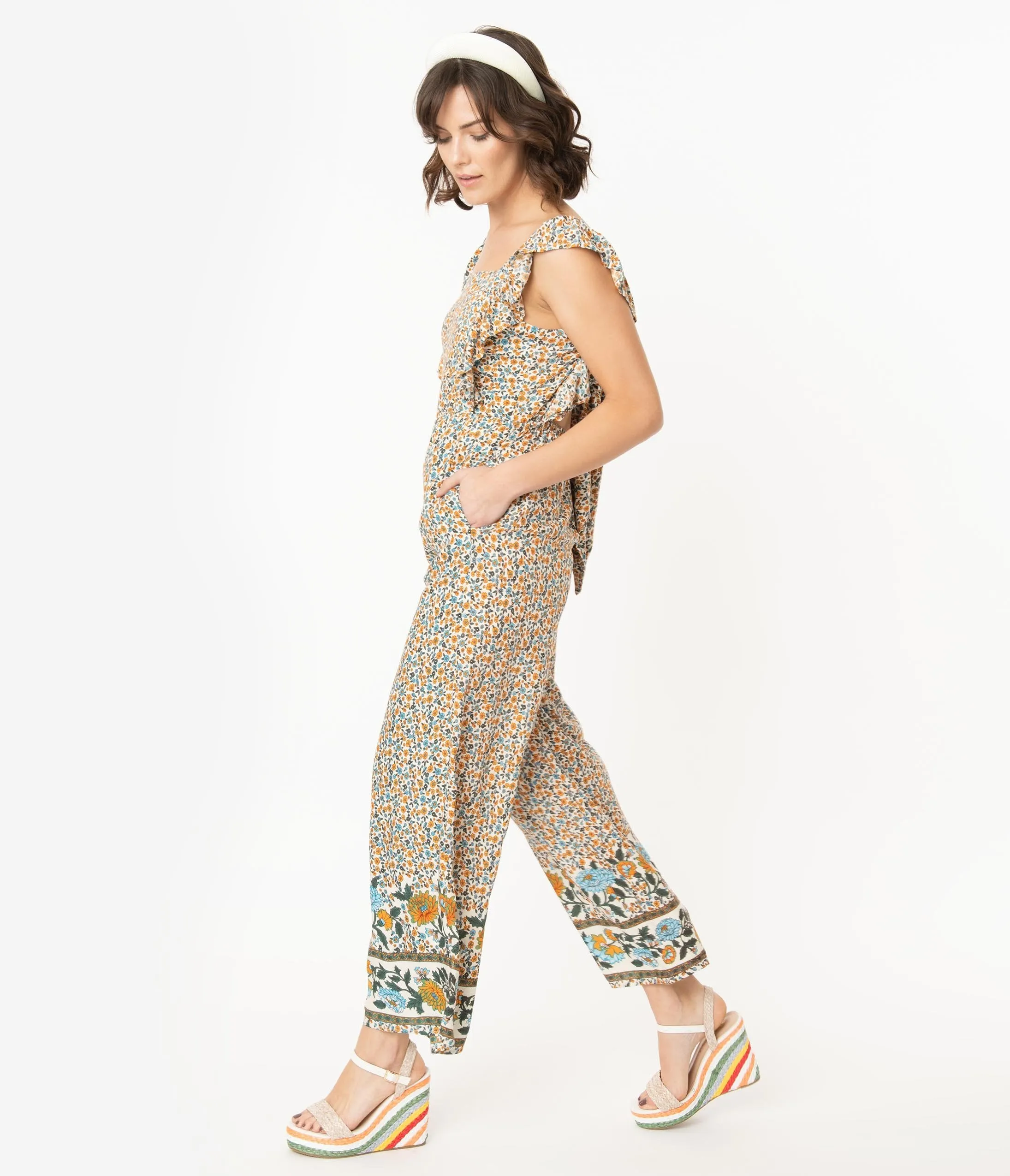 Ivory Floral Print Apron Jumpsuit