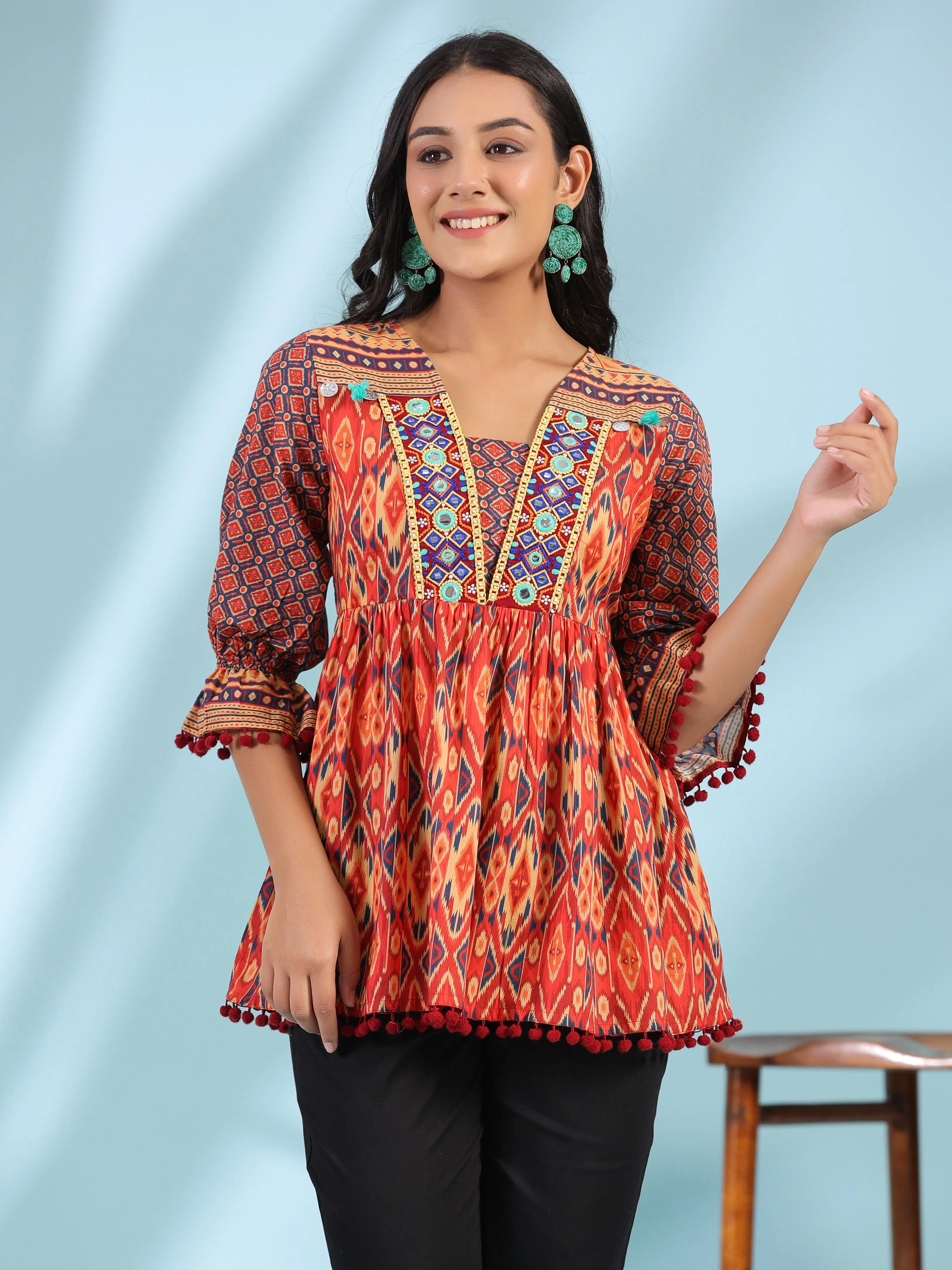 Jashvi Orange Ikat Printed Peplum Cotton Tunic With Mirror Work & Lace