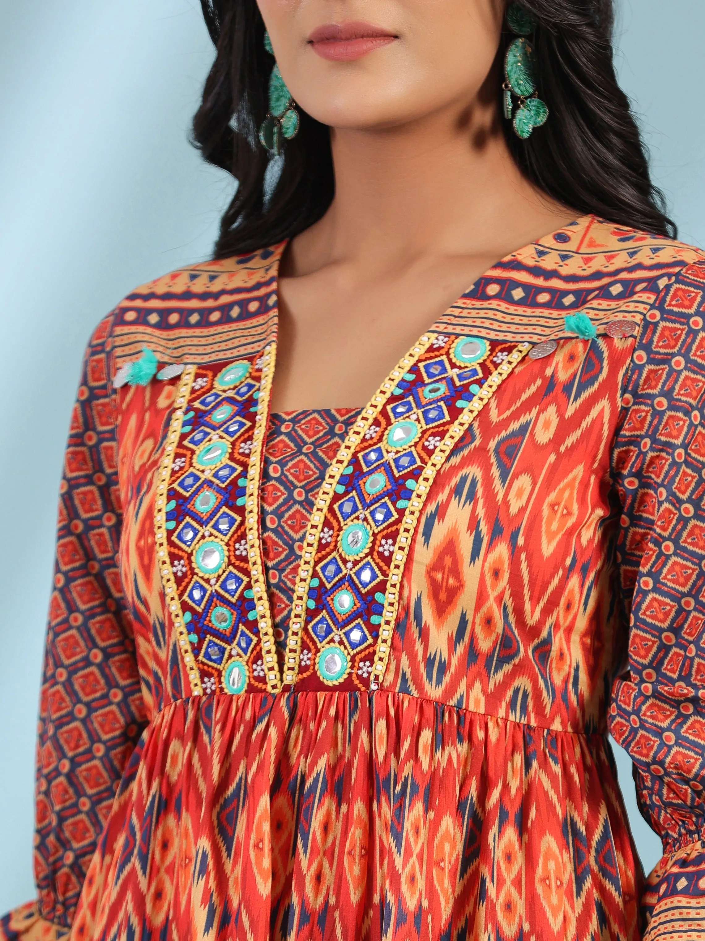 Jashvi Orange Ikat Printed Peplum Cotton Tunic With Mirror Work & Lace