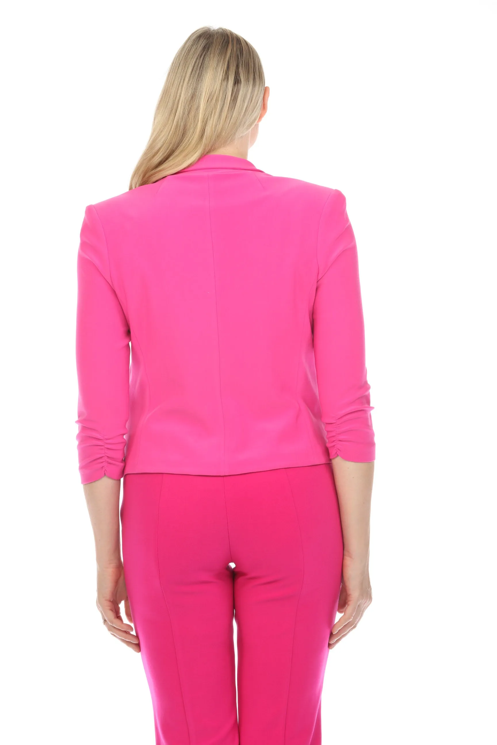 Joseph Ribkoff Ultra Pink Open Front Ruched 3/4 Sleeve Cropped Blazer Jacket 143148S24