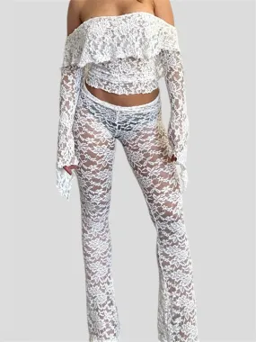 JuliaFashion - Long Sleeve Lace Slash Neck Off Shoulder Tees  Flared Pants Suits