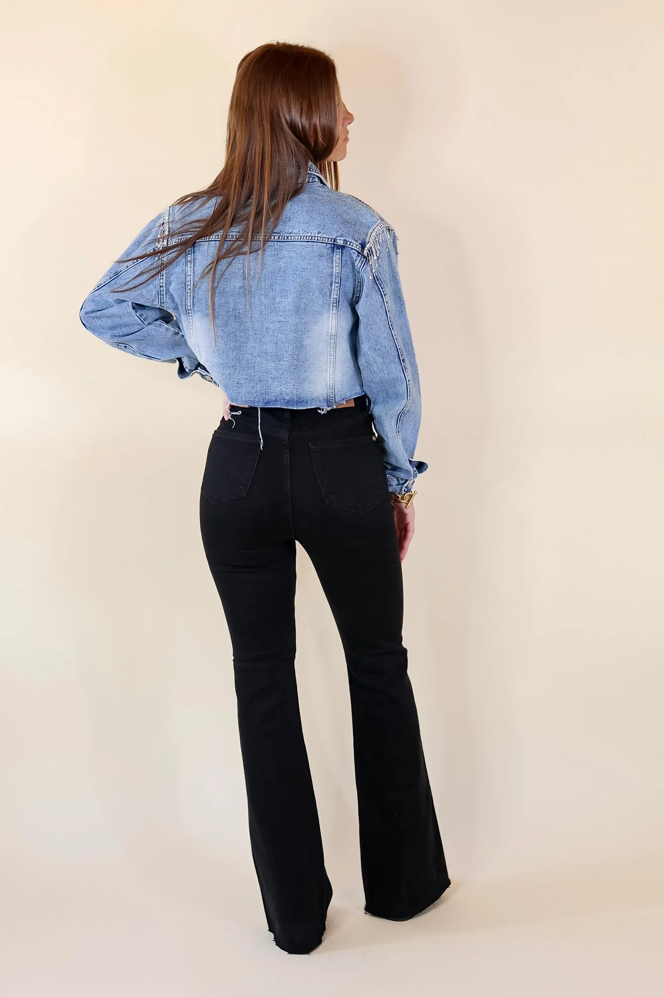 Just A Glimmer Crystal Fringe Shoulder Cropped Denim Jacket