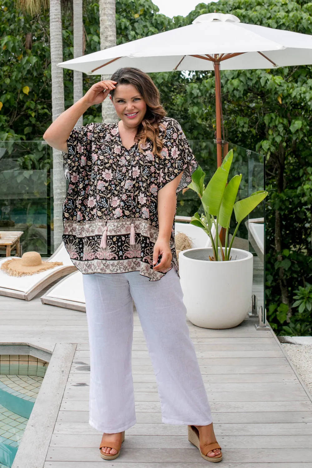 Kaftan Top - Black Floral Border