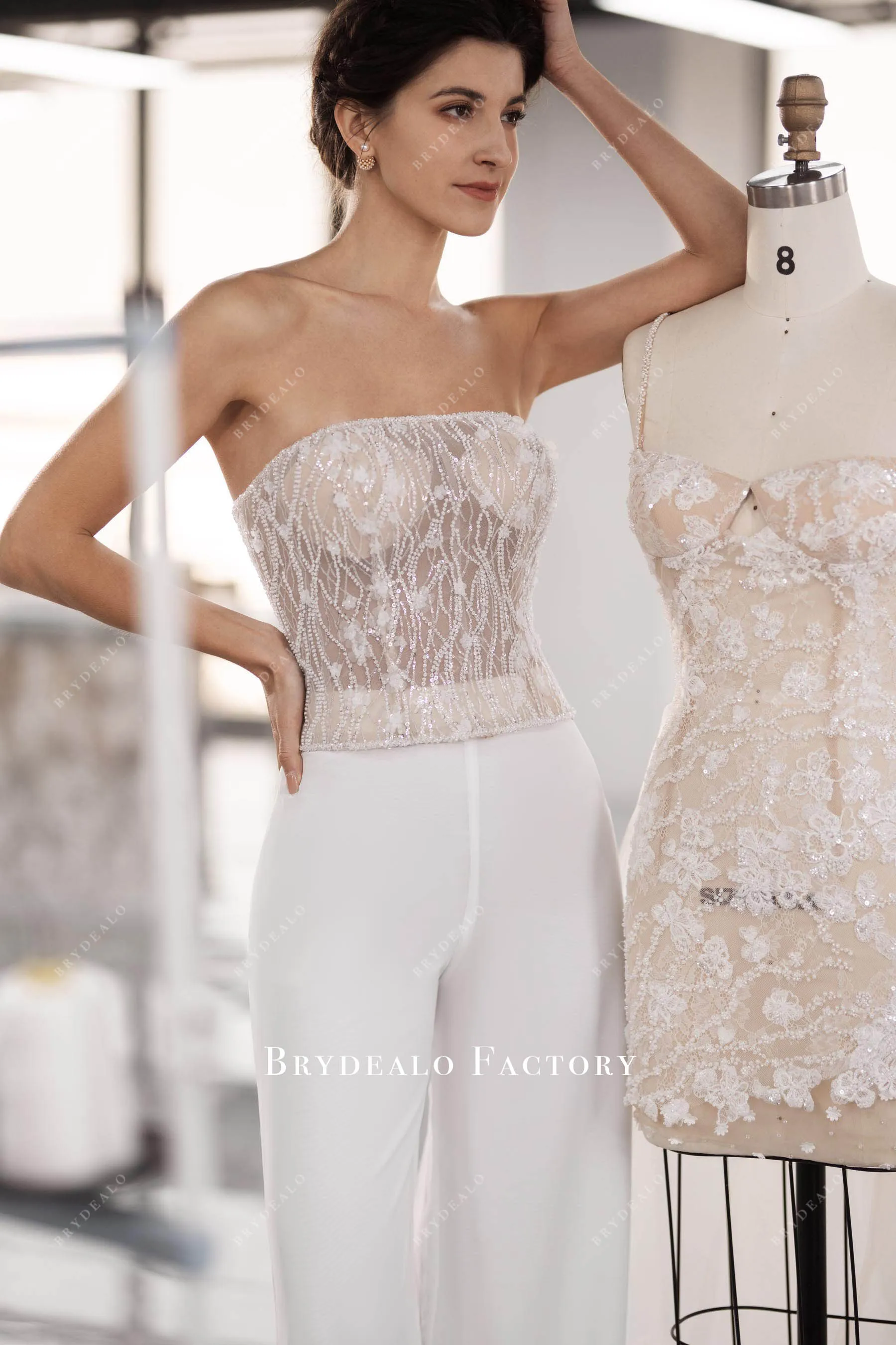 Lace Illusion Corset White Chiffon Bridal Jumpsuit