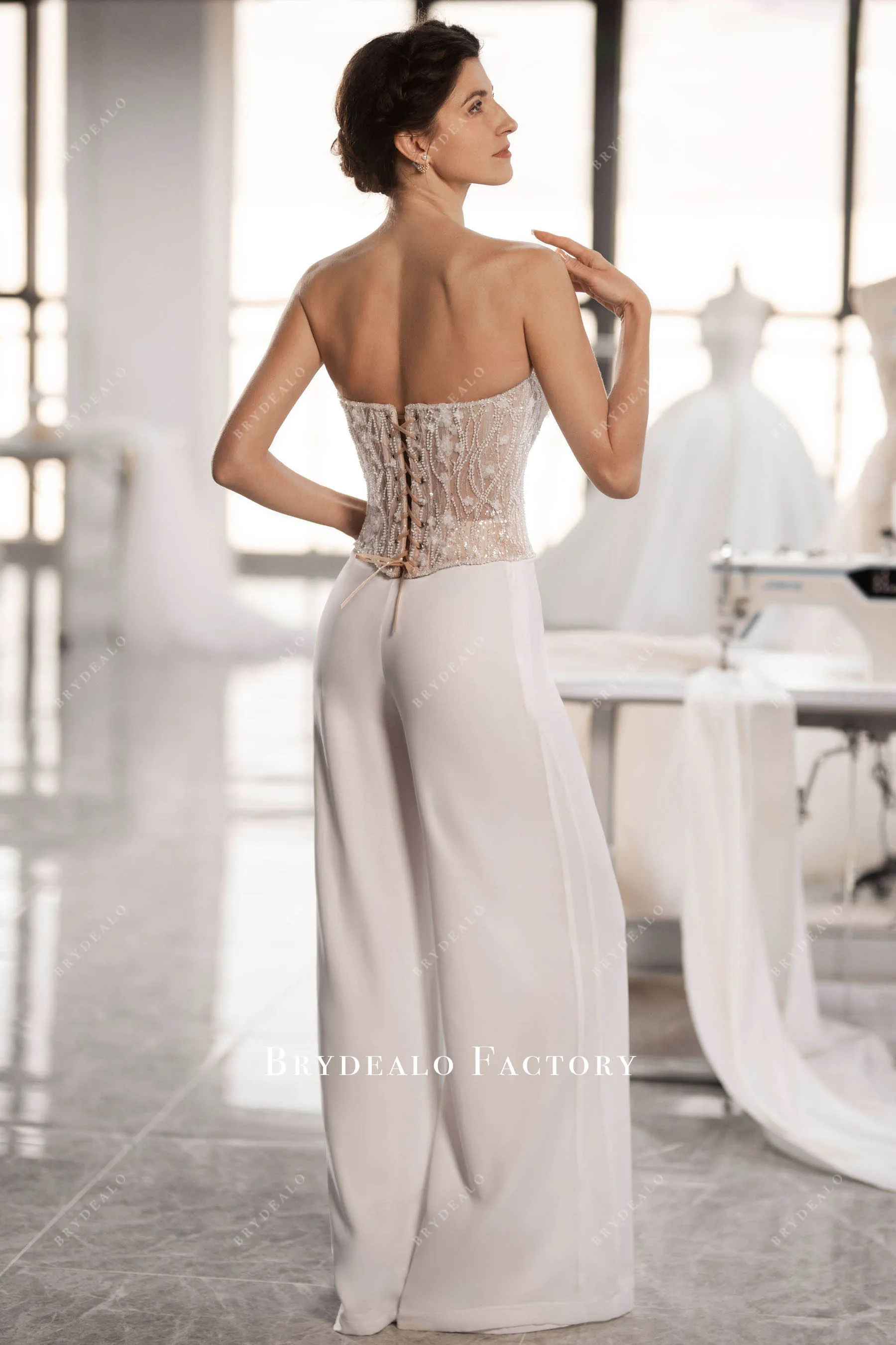 Lace Illusion Corset White Chiffon Bridal Jumpsuit