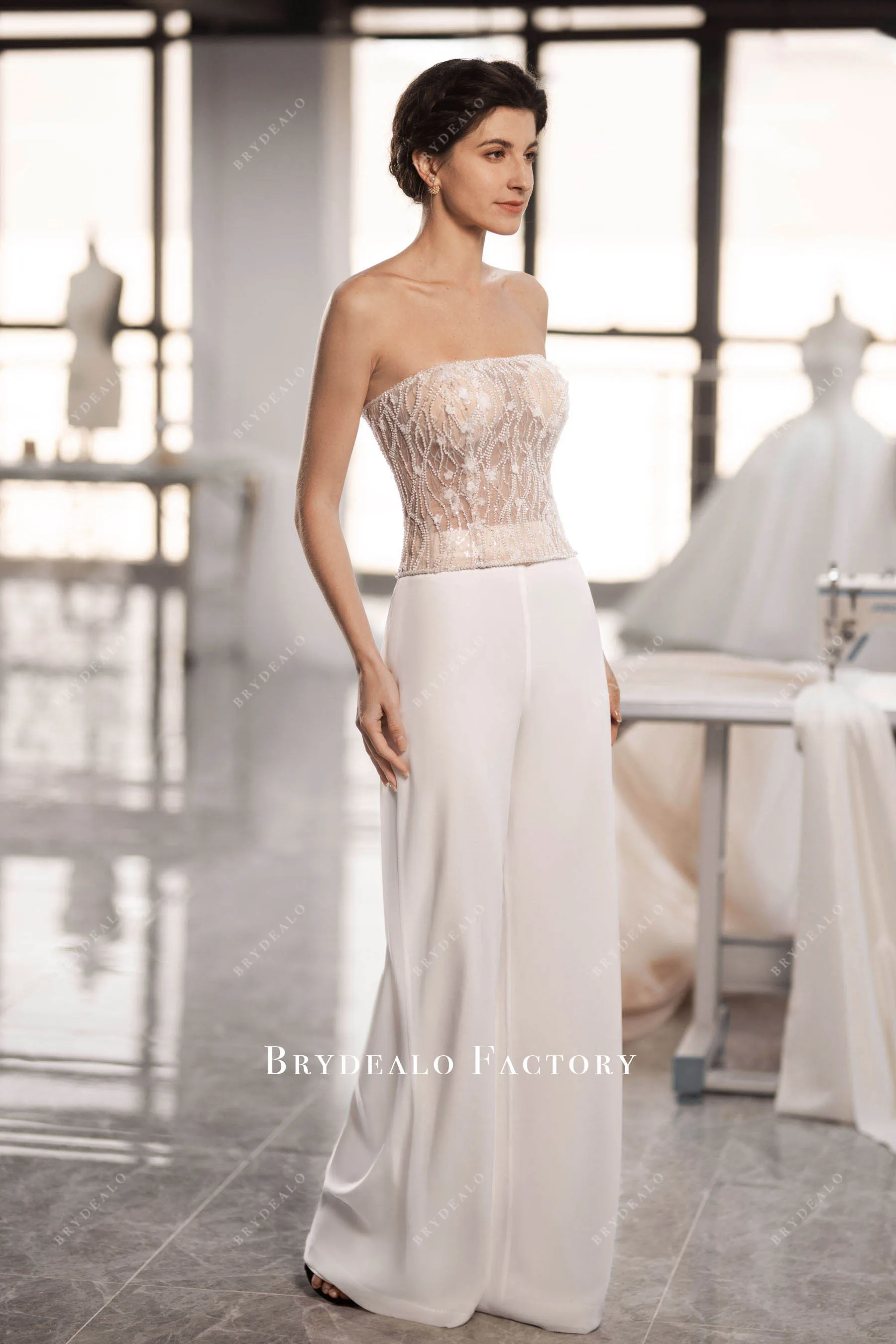 Lace Illusion Corset White Chiffon Bridal Jumpsuit