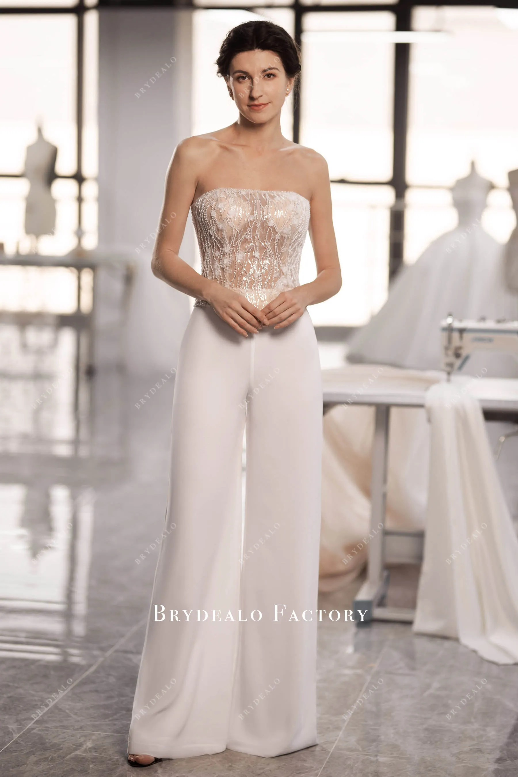 Lace Illusion Corset White Chiffon Bridal Jumpsuit